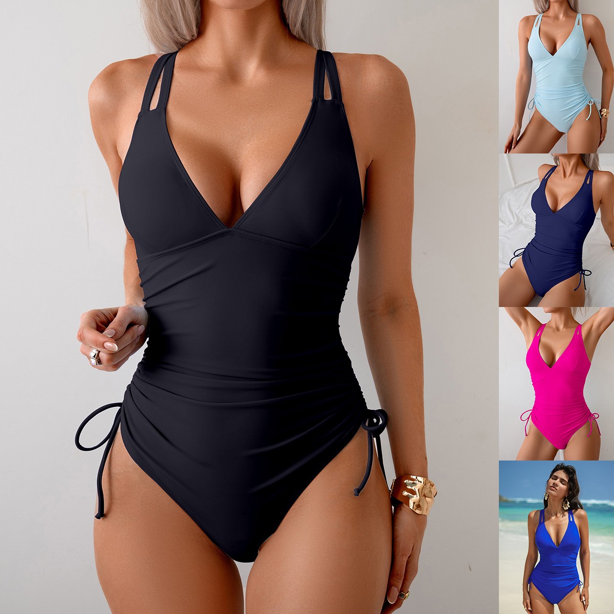 Bath - Solid Black Swimsuit V Neck Ruched