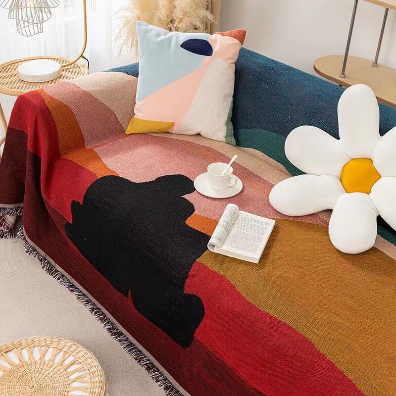 Boho Throw Blanket Fringe - Abstract Art Sofa Blanket Boho Color