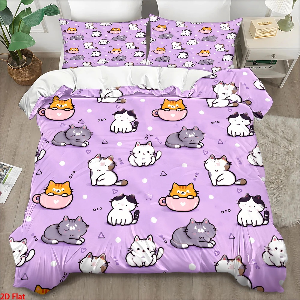 Duvet Cover Sets With Zipper - 3Pc Cute Cat Print Duvet Cover