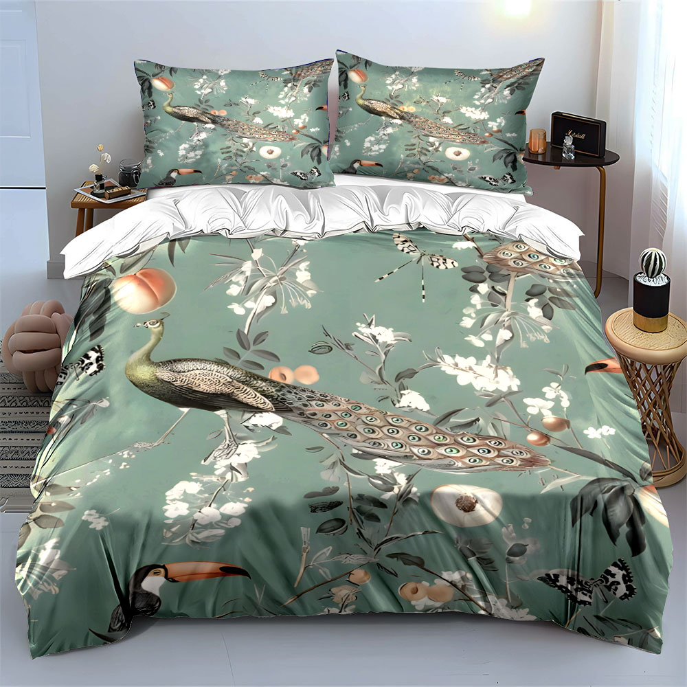 3PC Peacock Toucan Floral Bedd - огляд і ціна Aesthetic Floral Duvet Cover