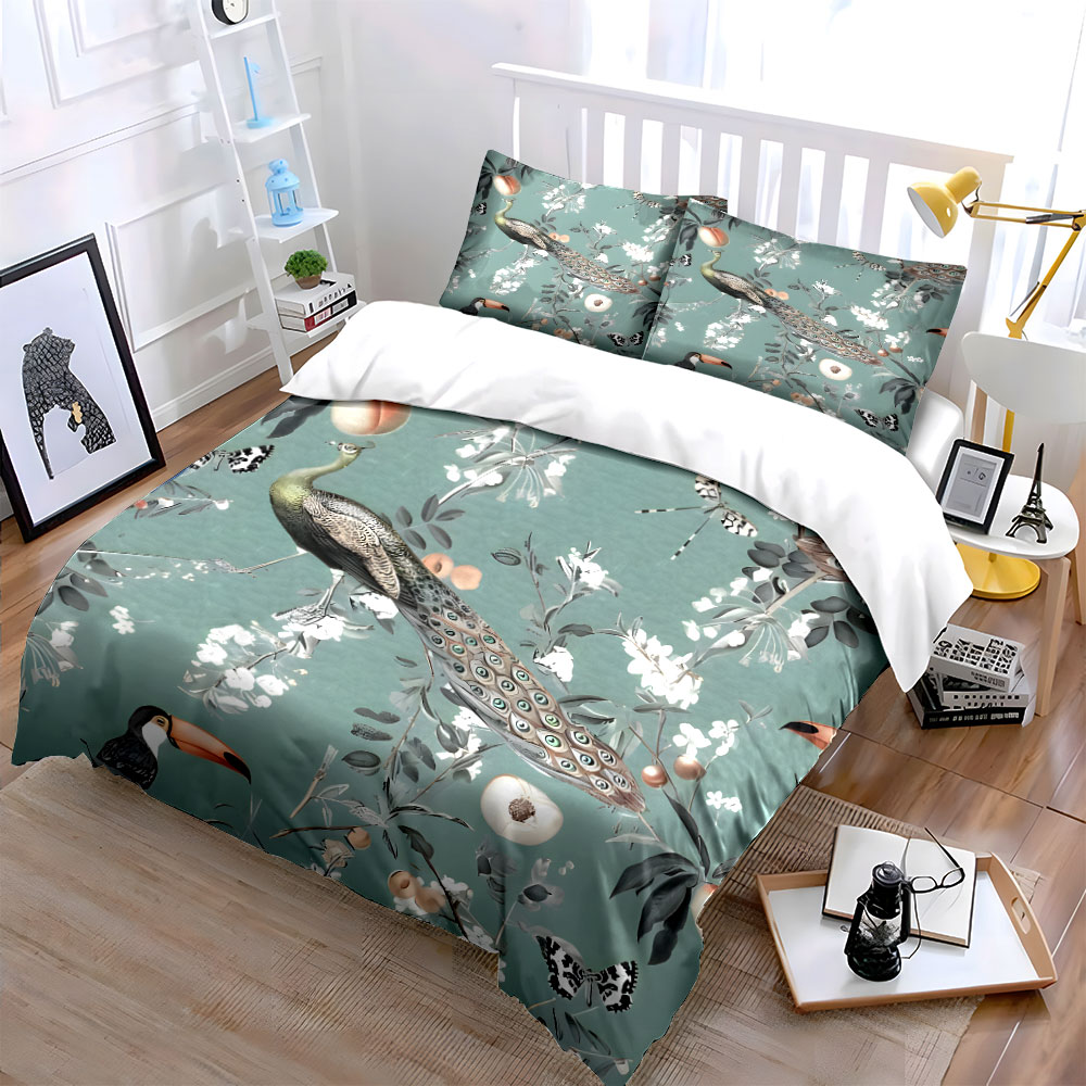 3PC Peacock Toucan Floral Bedd - огляд і ціна Aesthetic Floral Duvet Cover