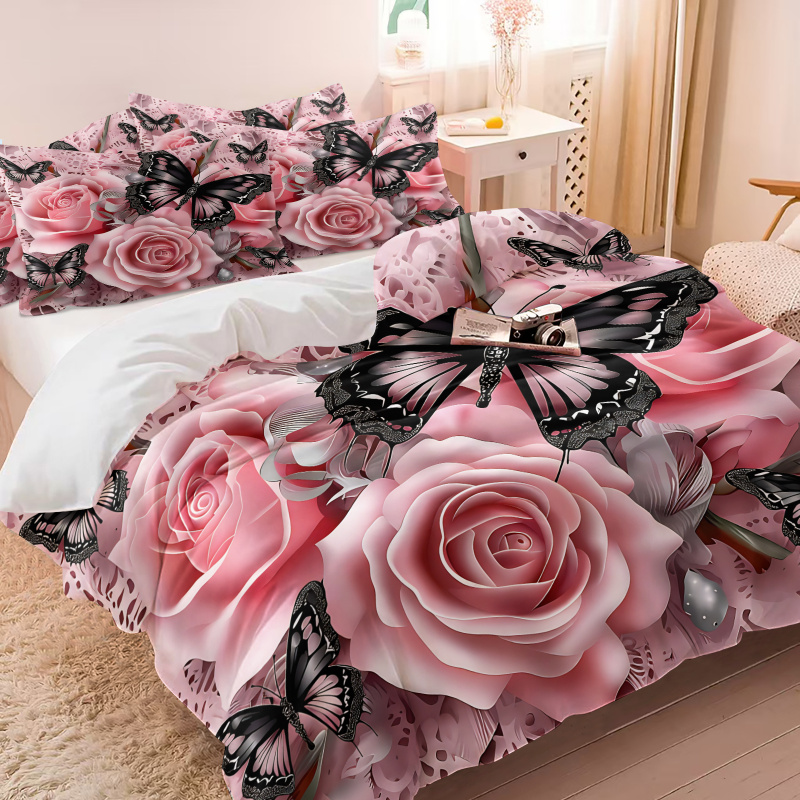 Pink Rose Black Butterfly Prin - огляд і ціна Aesthetic Floral Duvet Cover