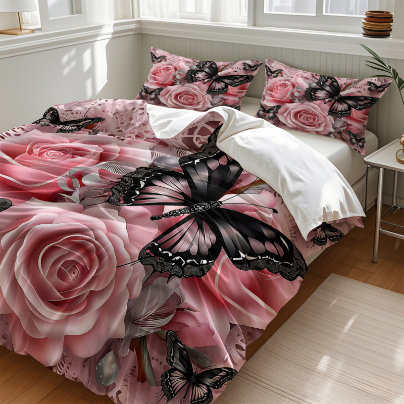 Pink Rose Black Butterfly Prin - огляд і ціна Aesthetic Floral Duvet Cover