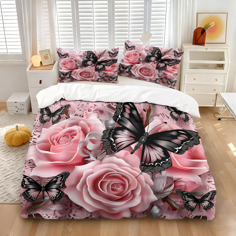 Pink Rose Black Butterfly Prin - огляд і ціна Aesthetic Floral Duvet Cover